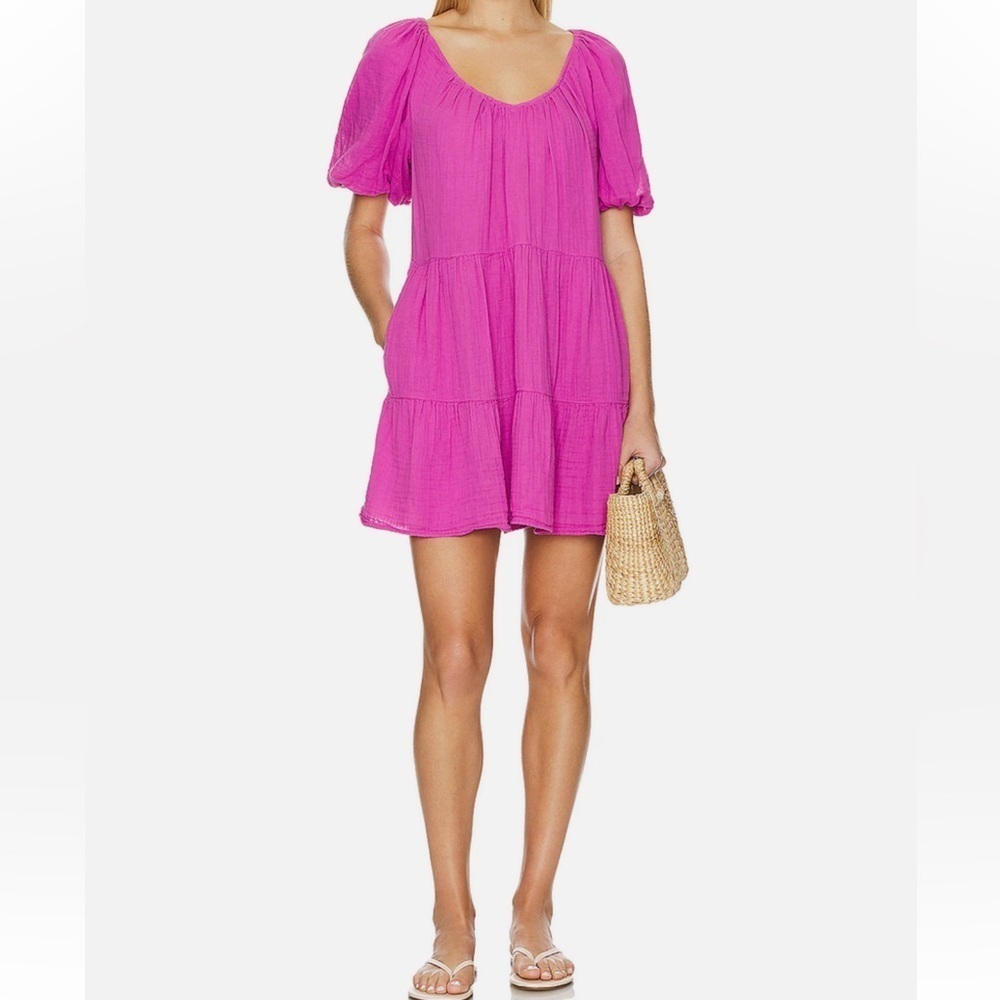 Velvet by Graham & Spencer Helena Puff Sleeve Tiered Gauze Mini Dress Large